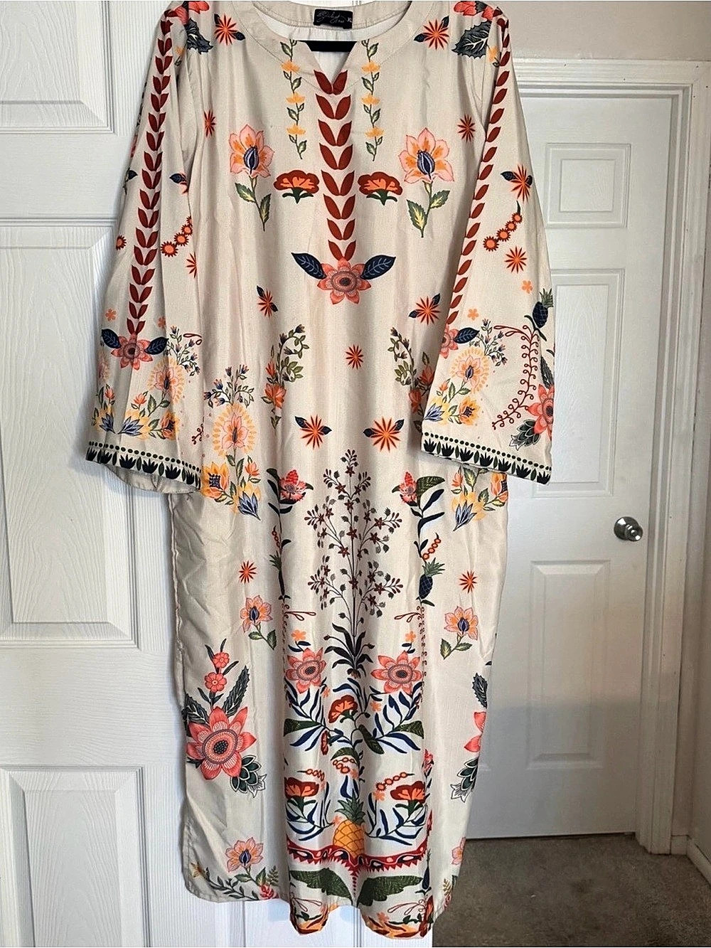Pakistani Floral Printed Kaftan Cream & Orange XL New